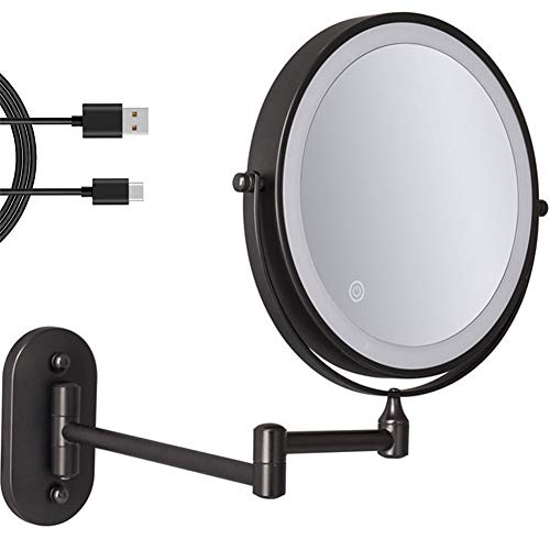 Espejo de Maquillaje de Pared Recargable con 3 Colores, 56 LED, Interruptor táctil, Apagado Inteligente, Aumento de 1X/7X, Regulable, rotación de 360 Grados, para baño, Hotel, 8 Pulgadas, Negro Mate