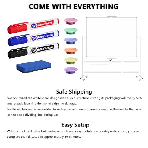 Image of Large Rolling Whiteboard on Wheels, 60 inch x 48 inch Double-Sided Mobile White Board with Stand, 5' x 4' Portable Standing Magnetic Dry Erase Board Easel for Home Office Classroom School, Silver