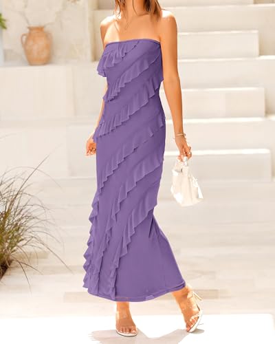 BTFBM Women Summer Elegant Strapless Midi Ruched Bodycon Dress Solid Color Stretch Mesh Slim Party Cocktail Dresses