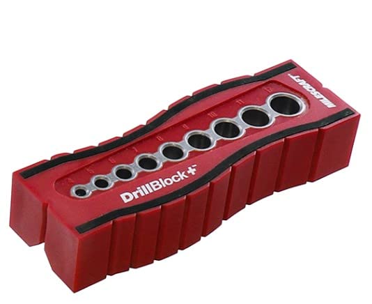 Milescraft 1336 Drill Block Plus- Handheld Drilling Guide, Drilling Jig with Drill Guides for 9 of the Most Common Imperial Drill Bit Sizes, Precision Drilling Tool Accessory