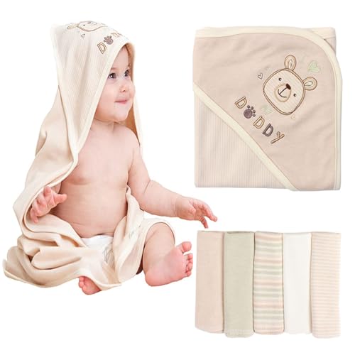 Image of Smluckyg 6-Pack Organic Cotton Baby Bath Set - Embroidered Hooded Towel & 5 Soft Washcloths, Ultra Soft Newborn, Toddlers, Registry Gift for Boys & Girls, Brown 37.5 x 37.5 Inches
