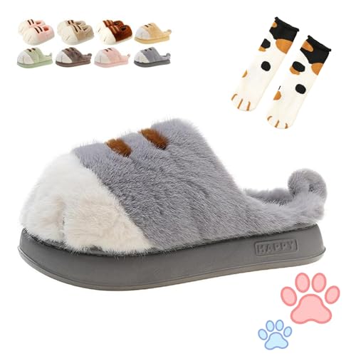 Cat Paw Slippers, 3D Cat Paw Slippers for Women, Non-slip Plush Fuzzy House Shoes with Cute Paw Prints
