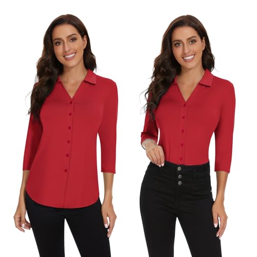 Image of Soneven Womens Golf Polo Shirts 3 /4 Long Sleeve V Neck Button Down Shirts Business Causal Work Blouses Tops