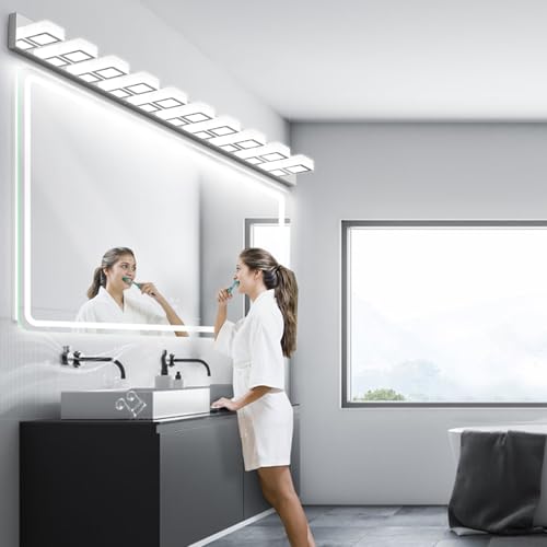 Image of Ralbay 66inch Chrome Bathroom Vanity Lights Stainless Steel Acrylic LED Modern Chrome Bathroom Wall Lighting Fixtures