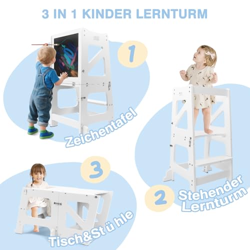 YOLEO 3 in1 Lernturm Kinder, Klappbar Montessori Lernturm ab 1,5 Jahr, Learning Tower für Kinder mit Rausfallschutz, mit doppelseitiger magnetischer Tafel, Küchen-/Badezimmerhelfer (Weiß)