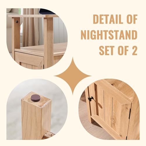 Image of IFBUY Farmhouse Nightstands Set of 2, Narrow Bedside Table with Charging Station, Night Stand Set 2 with Storage & Open Shelf, End Tables w /Groove Barn Door for Bedroom, Living Room-Natural