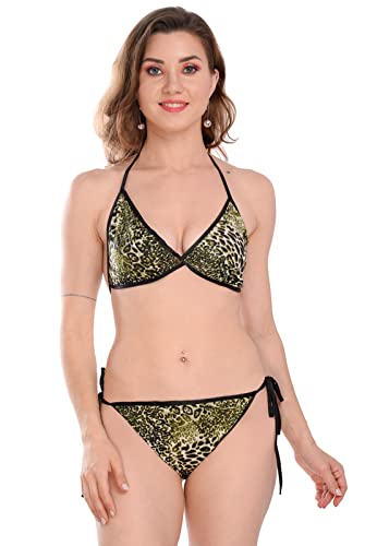 Image of Satin Animal Print Embellished Bikini Bra & Panty Lingerie Set for Women & Girls, Fits Well for Plus Size.