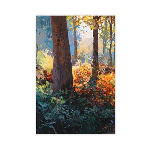 Peinture à l'huile forêt contre mur vide grand tableau arbres 50x76