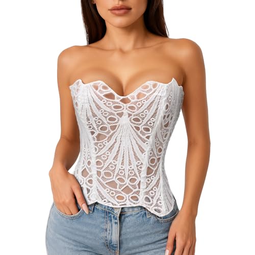 LEACOOLKEY Lacework Corset Top for Women Sexy Textured Sheer Floral Lace Bustier Going Out Lace-up Corset Overbust Top