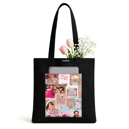 TrendoPrint Printed Women's Black Tote Bag 14 x 16 inch Stylish Laptop-Friendly Handbag for Office, College & Daily Use, Spacious Shoulder Bag with Durable Handles (TB19)