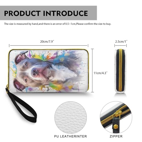 Pitbull Dog Wallets for Women Watercolor Dogs Painting Zipper Long Wallet Clutch Coin Pocket, Color Splatter Paint Puppy Print Ladies Long Purse Credit Card Holder4