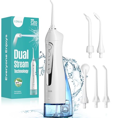 Image of COSLUS ADA Accepted C20 Water Dental Flosser Teeth Pick, 300ML Larger Tank | Portable Rechargeable Oral Irrigator for Orthodontic & Sensitive Gums, Cordless for Travel, Family, Professional Set, White