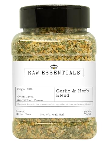 Raw Essentials Garlic & Herb Blend – Bold Garlic, Sesame & Lemon Peel Seasoning for Chicken, Vegetables & Rice Dishes – Non GMO, Gluten Free – 7 oz
