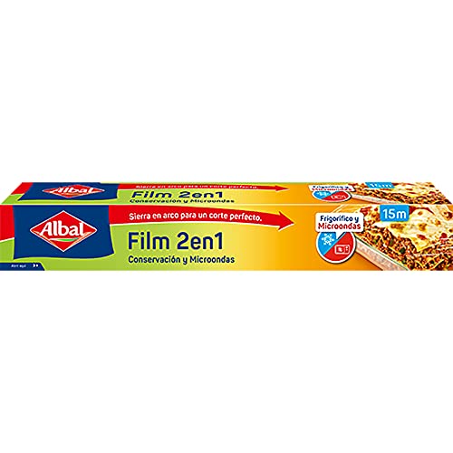 Albal Film Transparente 15 Metros 2 en 1 para Frigorífico y Microondas, Papel Film, Muy resistente, Muy Adherente, Muy Fácil de Cortar, Sierra en Arco