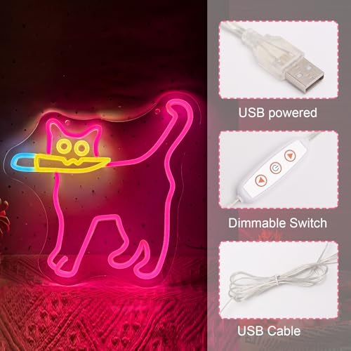 Image of Cautiously Cat Neon Signs, Funny Cat With Knife Neon Light for Wall Decor, Dimmable Animal Sign for Restaurant Kitchen Kid Room Pet Shop Bedroom Home Party Decor (Magenta)