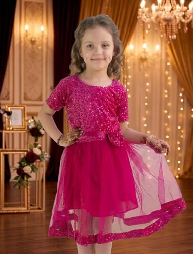 Image of Charming Girls' Kids Velvet & Net Frock with Knee-Length Short Sleeve A-line Round Neck Fit and Flare and Back Zipper Closure|Kids Dress for Baby Girls Birthday Outfit