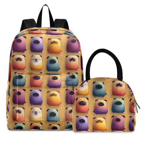 Colored Pug Print Backpack Set with Lunch Bag, Large Capacity Travel Backpacks and Lunch Box Insulated for Commute Hiking Picnic