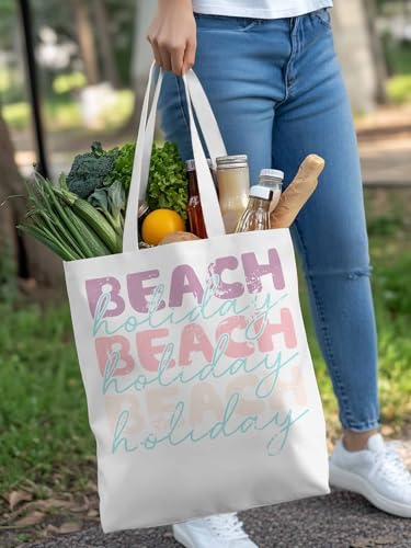 Canvas Tote Bags,Grocery Shopping Cloth Bag Holiday Beach Word Reusable Shoulder Bags Tote Bag for Travel Work Gym4