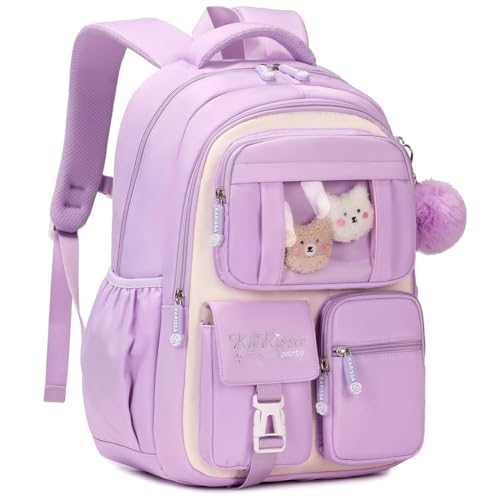 Image of MATMO Multi-Pocket Girls Boys School Backpack Kids Student Bookbag Travel Daypack (Purple with White)