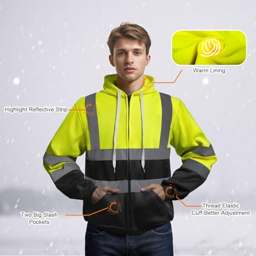 TCCFCCT High Visibility Safety Sweatshirts Class 3 Hi Vis Hoodies for Men Women with Zipper, Reflective Safety Jacket for Men Construction Workers, Surveyors, Durable & Dirt-resistant, Meets Ansi, Yellow M - Image 4