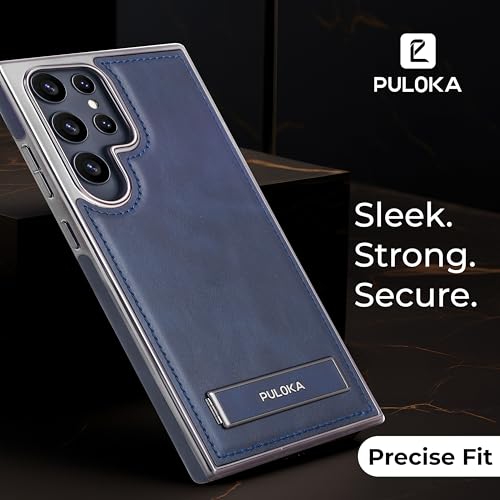 Image of PULOKA Chrome Leather Back Case - Compatible with Samsung Galaxy S25 Ultra - Luxury Bumper Case - Flexible Vegan Leather - Electroplated Sides - Full Camera Protetection & Raised Edges - Blue