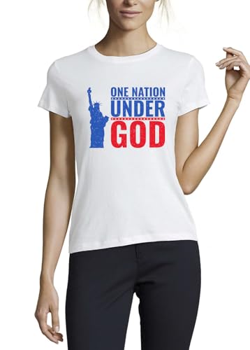 Photo de One Nation Under God Statue of Liberty USA Crew Neck Cotton T-Shirt Femme Blanc, blanc, XL