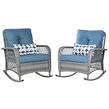Vonzoy Outdoor Rocking Chairs, Wicker Patio Furniture with Blue Thickened Cushion for Porch Balcony Lawn, Set of 2
