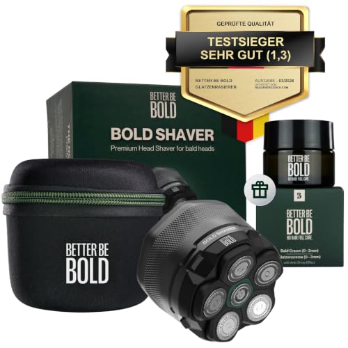BETTER BE BOLD Glatzenrasierer & Glatzencreme Anti-Shine 50ml SET Mattierende Pflege für Glatze 03 mm Beruhigt nach der Rasur ohne Schnittgefahr und Hautirritationen Shaver auch für Bart