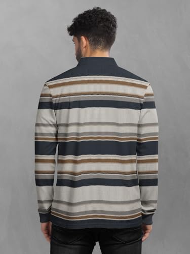 Image of BULLMER Striped Textured Printed Polo Neck Fullsleeve T-Shirt with Rib for Men