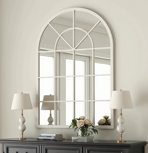 Image of Dewfig Arched Wall Mirror, 42 inchx30 inch Metal Frame Windowpane Mirror, White