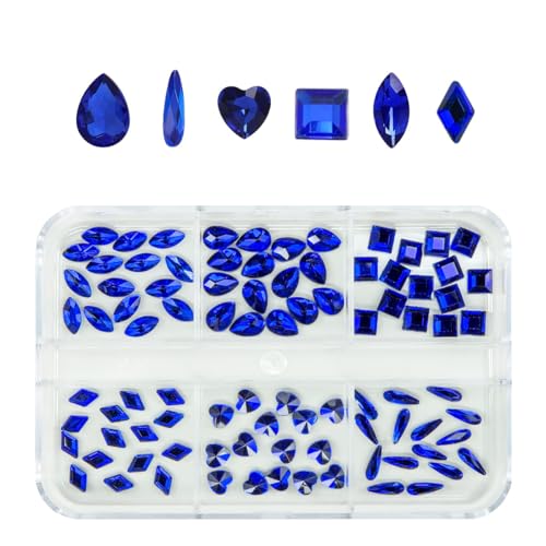 qiipii 90Pcs Royal Blue Nail Rhinestones 6 Shapes Cute Sapphire Nail Gems Flatback Heart Rhinestones K9 Glass Stones Nail Art Diamonds Crystals Jewels Nail Charms for Arylic Nails Face Makeup Crafts