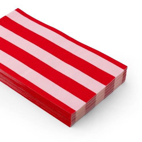 Image of Bonjour Fete Pink & Red Cabana Stripe Guest Towels, Pack of 20, 4.25x7.75 inch