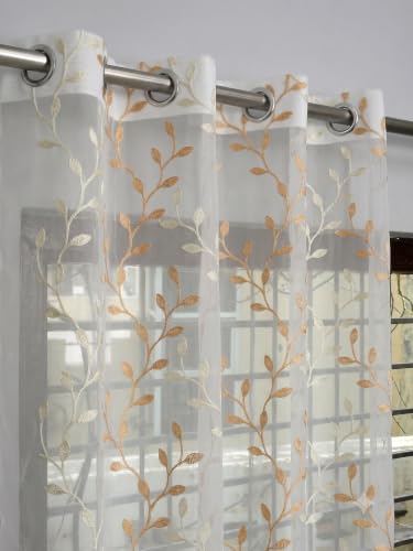 Image of Fabrilia Sheer Tissue Embroidery Curtain for Living Room, Bedroom & Dining Area | Leaf Vine Pattern Net Eyelet Curtain | Cream with Gold Touch Design | 5 feet Long Set of 2 Curtain