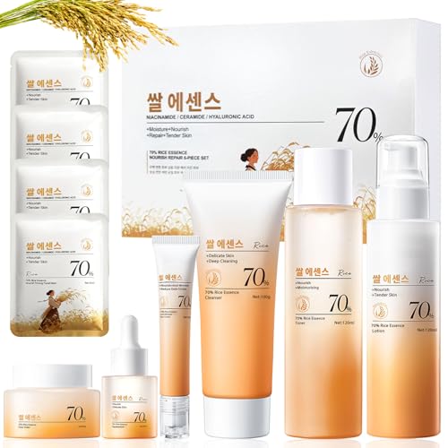 10 Pezzi Riso Kit Skincare Viso completo, Set Skincare, Kit Skincare Coreana con Tonico Viso, Crema Viso, Detergente Viso, Contorno Occhi, Siero Viso, lozione idratante, Nutriente e Idratante