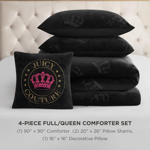 Image of Juicy Couture Plush Reversible Embossed Crown 4-Piece Full /Queen Comforter Set with Decorative Pillow, Black