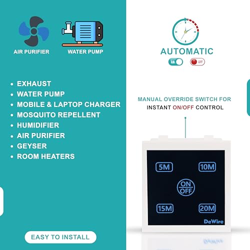 Image of DeWire Auto Cut Off Timer Switch for Water Motor Pump, Water Heater, Exhaust Fans,Mosquito Repellent,Humidifier, Air Purifier,Room Heaters and Lighting Loads up to 10 AMPS (5, 10, 15, 20 Mins)