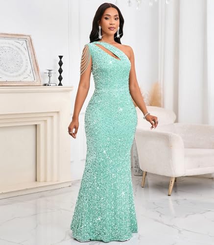 Image of Cololura Women Sequin Elegant Sexy One Shoulder Tassel Mermaid Bodycon Cocktail Evening Dress