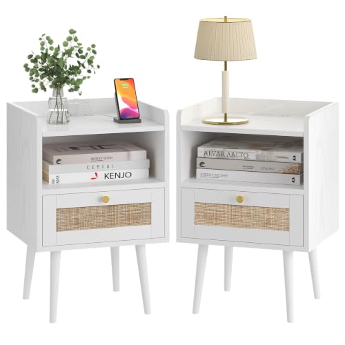 Image of Rattan Nightstand Set of 2 with Charging Station, Modern Boho Bedside Table