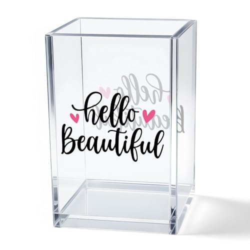 Image of Hello Beautiful Acrylic Makeup Brush Organizer Holder, Positive Affirmation Desk Acrylic Brushes Storage, Make Up Artist Gifts, Morning Affirmation Gifts for Her Wife Sister Friend Makeup Lover