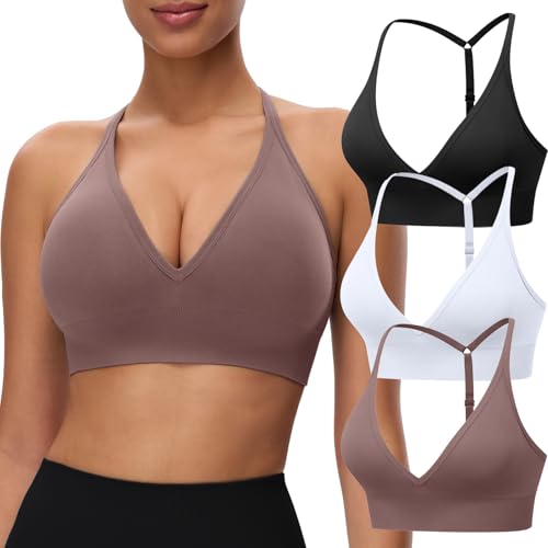 Women's Sports Bras Deep V Neck Adjustable Y Back Spaghetti Strap Racerback Padded Wireless Yoga Workout Tops