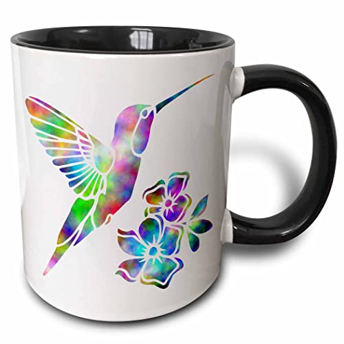 3dRose Rainbow Tie Dye Hummingbird and Flowers 11oz Two-Tone Black Mug