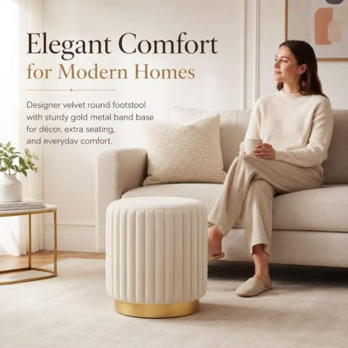 Image of Designer Velvet Round Footstool Ottoman with Sturdy Gold Metal Band Base for Home Decor & Extra Seating, Lightweight Pouf Stool for Sofa Side & Bedroom, 16x16x17 Inch (Cream)