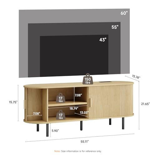 Image of 55 inch TV Stand with Power Outlet, Modern Media Console with Sliding Doors, Entertainment Center for TVs up to 60 Inch, Adjustable Shelves, Oak