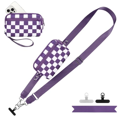 Image of YFWE Clip and Go Strap for Phone with Wallet Crossbody, Adjustable Phone Lanyard with Detachable RFID Wristlet Wallet, Phone Strap with Phone Tabs for All Phones, Purple Checkered (L)