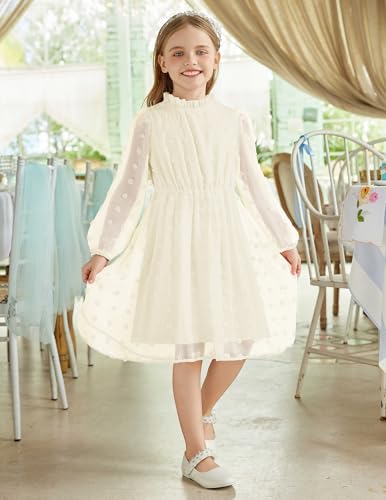 Girls Dresses Swiss Dot Flared Sleeve Ruffle Collar Party Dress Casual Midi Dress for Kids Girl 5T-13Y4