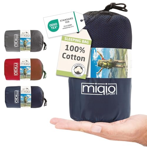 MIQIO 2en1 Saco de Dormir Ligero de Algodón, Saco Sábana Ligera y Sábana de Viaje, Tamaño XL, Sabana Saco de Dormir pequeña y Compacto con Compartimiento de Almohada (Azul, Cremallera Derecha)