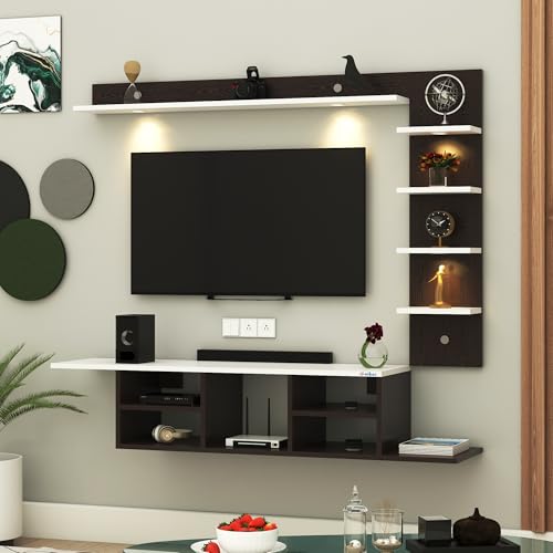 Image of Anikaa Engineered Wood LED Light Wall Mounted TV Unit Wall TV Cabinet With Shelves Display Unit For Living Room, Set Top Box Stand - Wenge /White (D.I.Y - Do-It-Yourself) Ideal For Up To 43 inch Inches