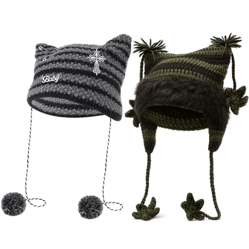 Zhamate Crochet Hats for Women 2-Piece Cat Slouchy Beanie Y2K Grunge Knit Beanies Hat Vintage Warm Accessories for Women Girls