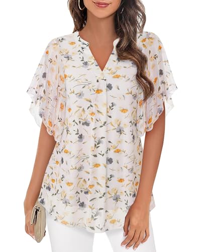 Image of Timeson Women's Short Sleeve V Neck Blouses Shirts Floral Double Layers Mesh Tunics Tops