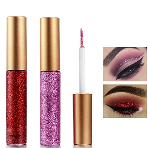 Glitter Liquid Eyeliner, Eyeliner Colorful Set,Metallic Shimmer Glitter Eyeshadow, Long Lasting Waterproof Makeup Eyeliner 2 Colors (#1 Pink purple / #10 Red)